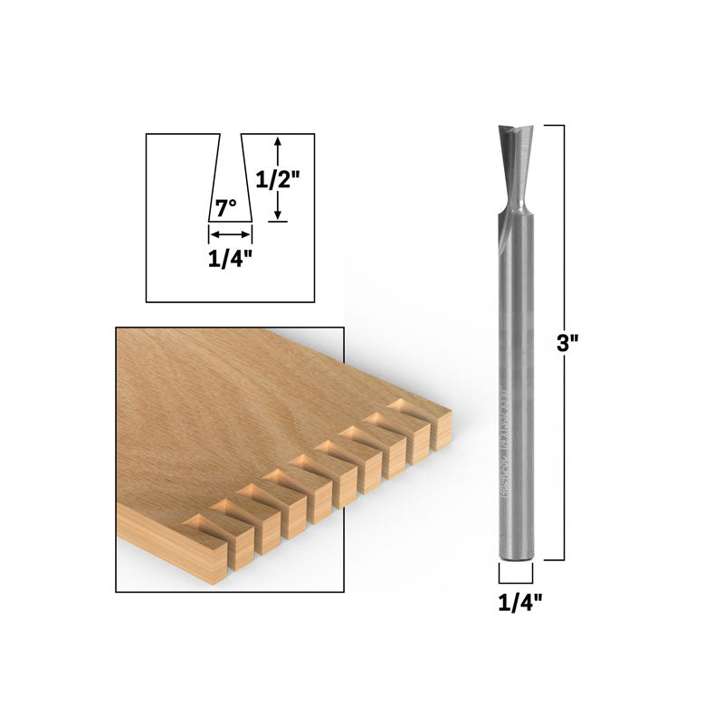 7° X 1/4" Solid Carbide Dovetail 1/4" Shank Router Bit