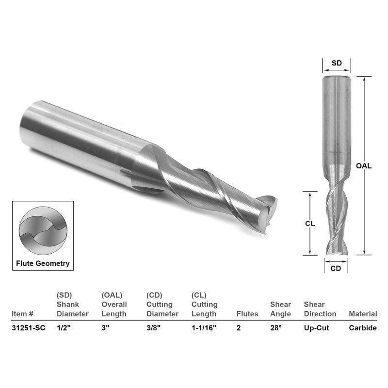 Up Cut Solid Carbide CNC Router Bit 3/8" X 1 1/16" X 1/2" X 3"