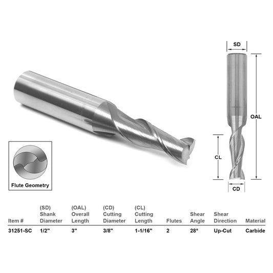 Up Cut Solid Carbide CNC Router Bit 3/8" X 1 1/16" X 1/2" X 3"