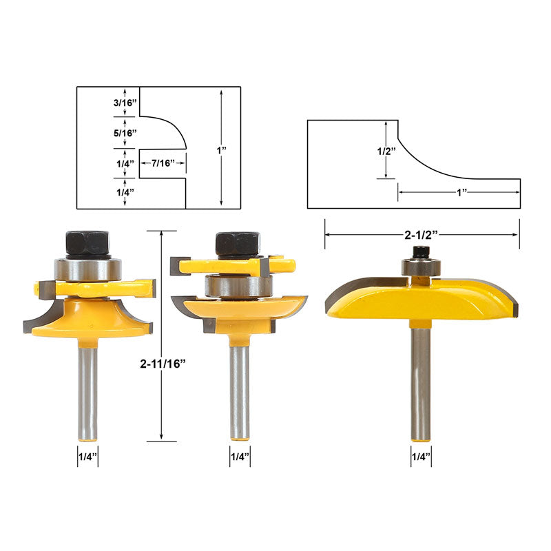 Round Over 3 Bit Raised Panel Cabinet Door 1/4" Shank Router Bit Set