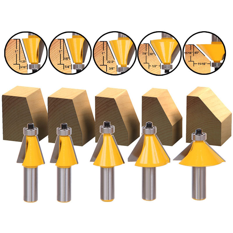 5 Bit Chamfer Router Bit Set 1/2" Shank 11.25° 15° 22.5° 30° 45°