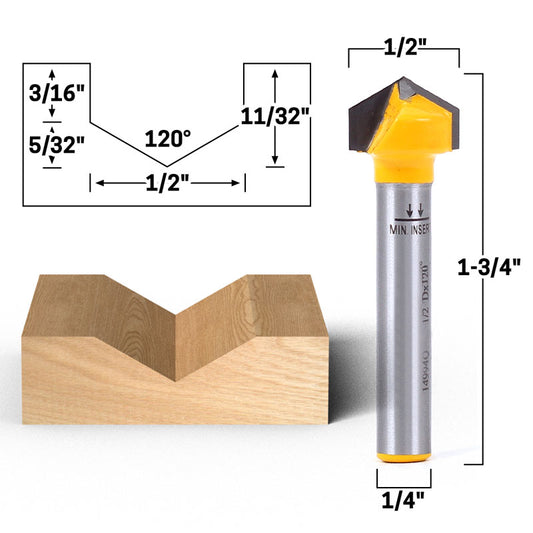 120 Degree X 1/2" Diameter V Groove 1/4" Shank Router Bit