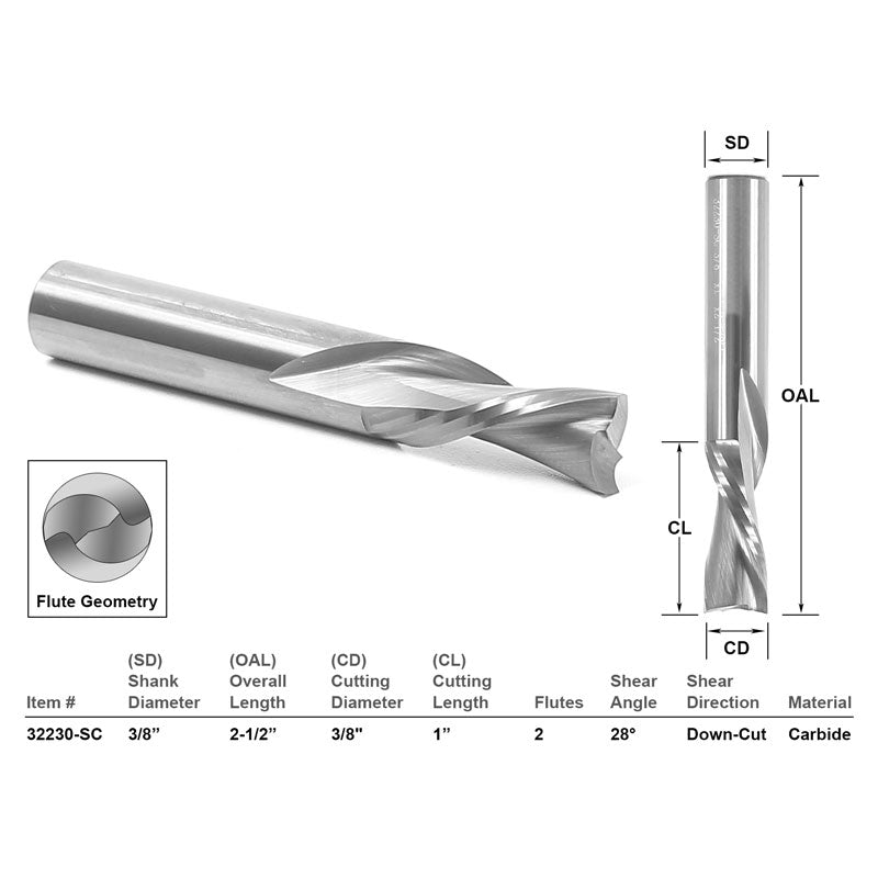 4 Bit 3/8" Shank Solid Carbide Endmill 3/8" Diameter X 1" Cutting Length CNC Router Bit Set