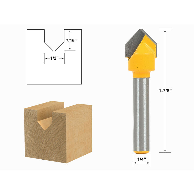 90 Degree X 1/2" Diameter V Groove Flat Bottom 1/4" Shank Router Bit