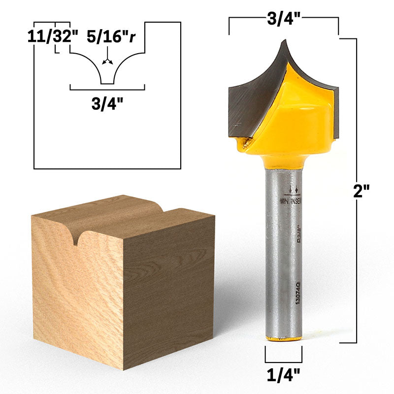 5/16" Radius Point Cutting Round Over Groove 1/4" Shank Router Bit