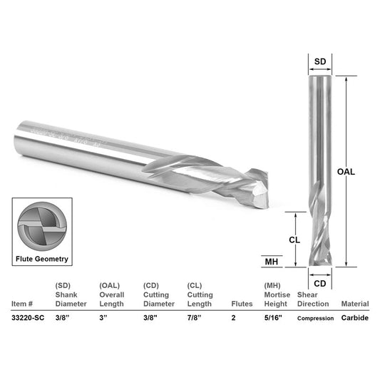 3/8" Dia. 2 Flute Compression Cut Spiral End Mill CNC Router Bit 3/8" Shank