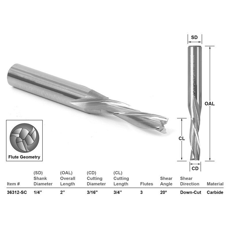 Low Helix Down Cut CNC Router Bit 3 Flute 3/16" Dia. X 3/4"