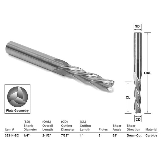 Down Cut 3 Flute 7/32" Dia. X 1" X 1/4" Shank CNC Router Bit