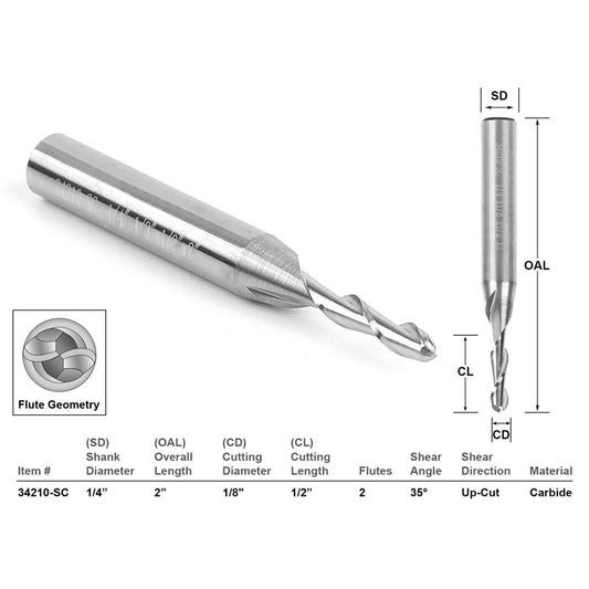 Ball Nose Solid Carbide CNC Router Bit 1/8" X 1/2" X 1/4" X 2"