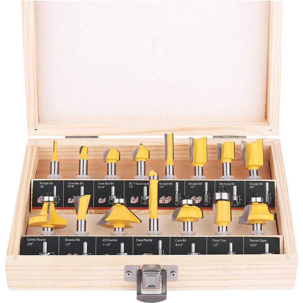 15 Pieces 1/4" & 1/2" Woodwork Router Bits Set Tools