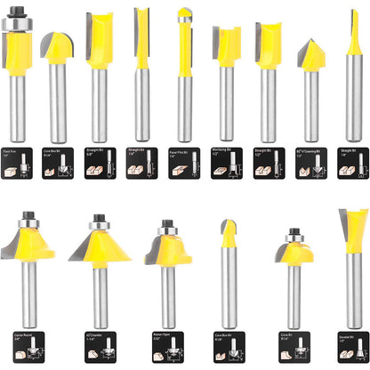 15 Pieces 1/4" & 1/2" Woodwork Router Bits Set Tools