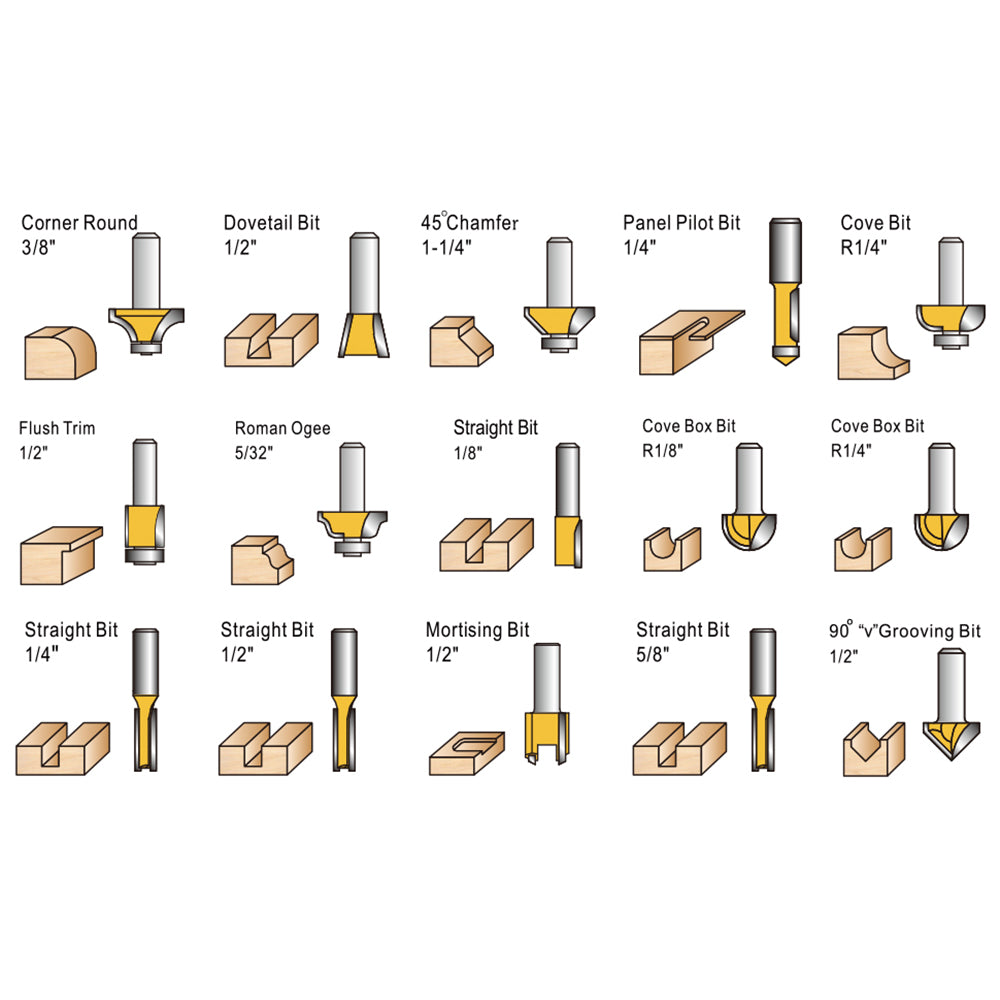 15 Pieces 1/4" & 1/2" Woodwork Router Bits Set Tools