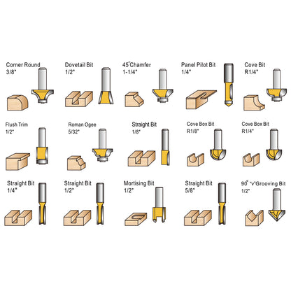 15 Pieces 1/4" & 1/2" Woodwork Router Bits Set Tools