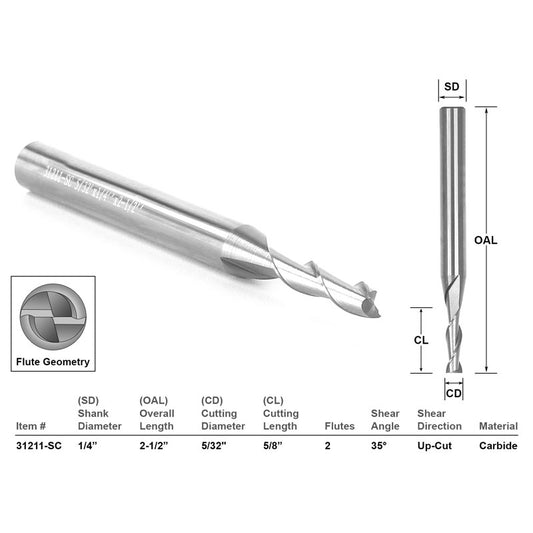 Up Cut CNC Router Bit Solid Carbide 5/32" X 5/8" X 1/4" X 2 1/2"