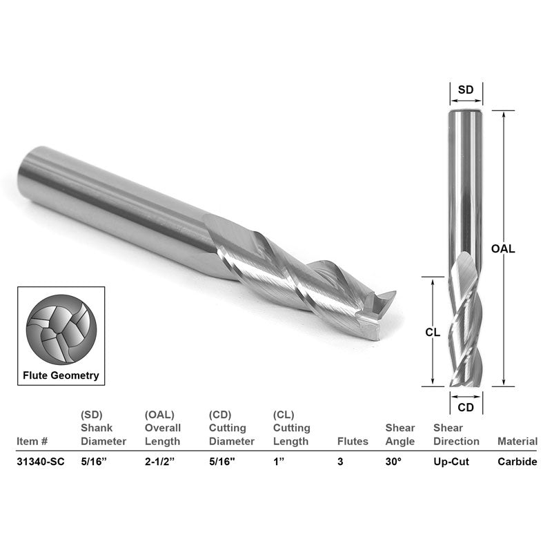 Up Cut 3 Flute 5/16" Dia. X 1" X 5/16" Shank CNC Router Bit