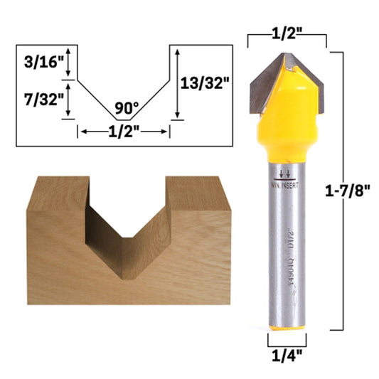 90 Degree X 1/2" Diameter V Groove Flat Bottom 1/4" Shank Router Bit