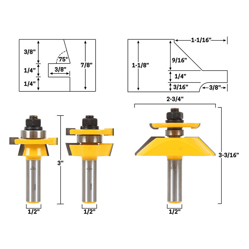 Bevel 3 Bit Raised Panel Cabinet Door with Back cutter Panel Raiser 1/2" Shank Router Bit Set