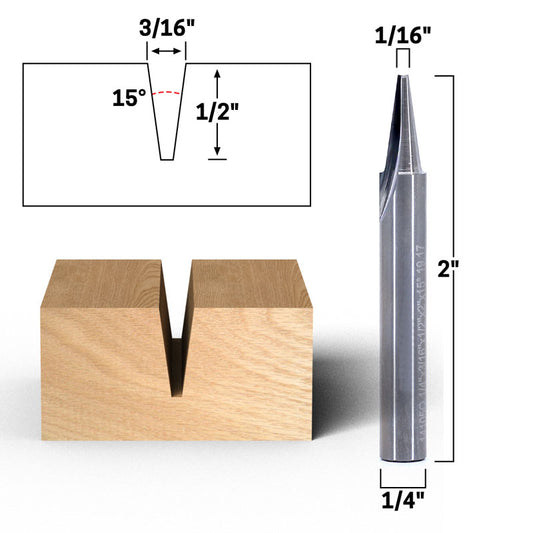 15° 1/16" Flat Point V Groove Engraving Solid Carbide 1/4" Shank Router Bit