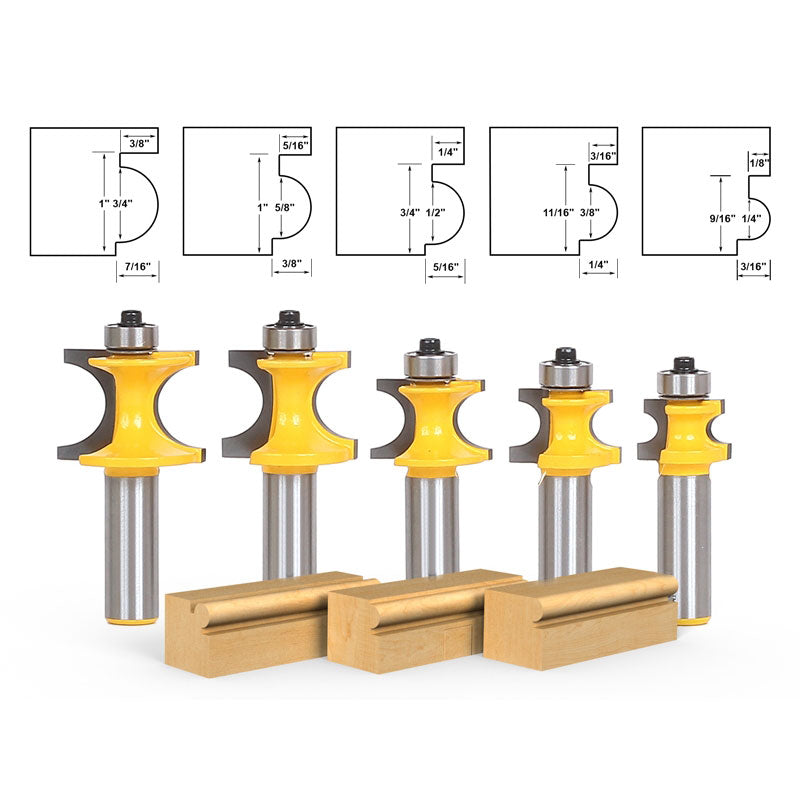 5 Bit Bullnose Beading Router Bit 1/2" Shank Set C3 Carbide Tipped