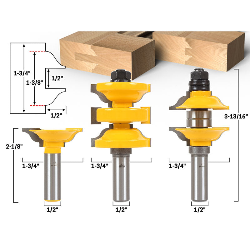 3 PCS Entry Door with Tenon Cutter 1/2" Shank Router Bit Set