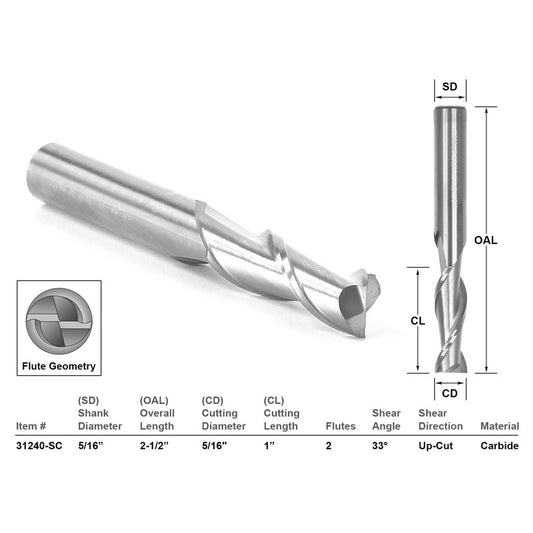 Up Cut Solid Carbide 5/16" X 1" X 5/16" X 2 1/2" CNC Router Bit