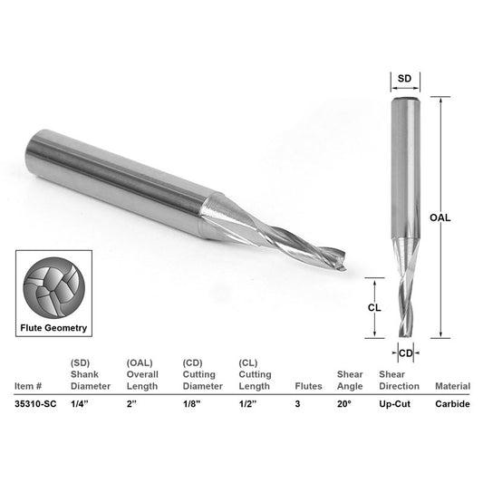 Low Helix Up Cut CNC Router Bit 1/8" X 1/2" X 1/4" X 2"