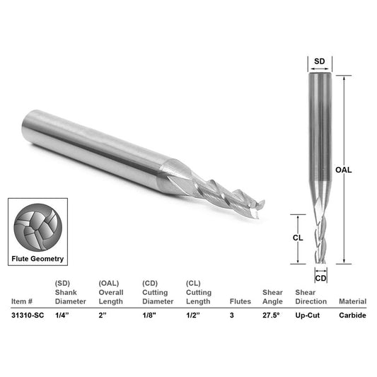 Up Cut Solid Carbide 1/8" X 1/2" X 1/4" X 2" CNC Router Bit