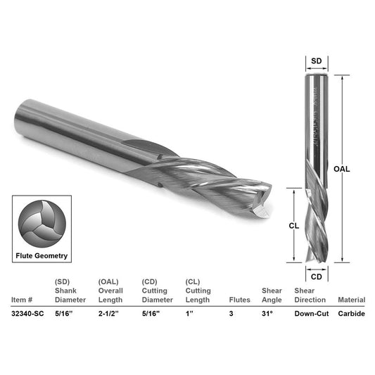 Down Cut CNC Router Bit 3 Flute 5/16" Dia. X 1" X 5/16" Shank