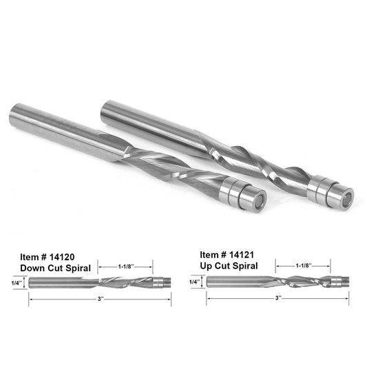 2 Bit 1/4" Shank Flush Trim Solid Carbide Spiral Router Bit Set