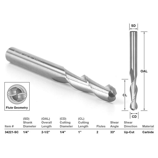 Ball Nose Solid Carbide CNC Router Bit 1/4" X 1" X 1/4" X 2 1/2"