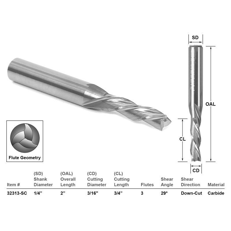 Down Cut CNC Router Bit 3 Flute 3/16" Dia. X 3/4"