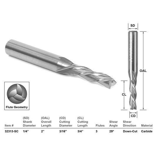 Down Cut CNC Router Bit 3 Flute 3/16" Dia. X 3/4"