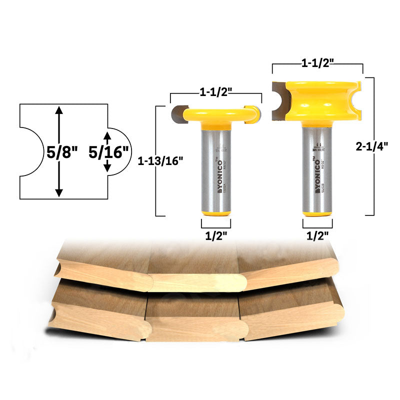 5/16" Bead 2 Bit Canoe Joint 1/2" Shank Router Bit Set