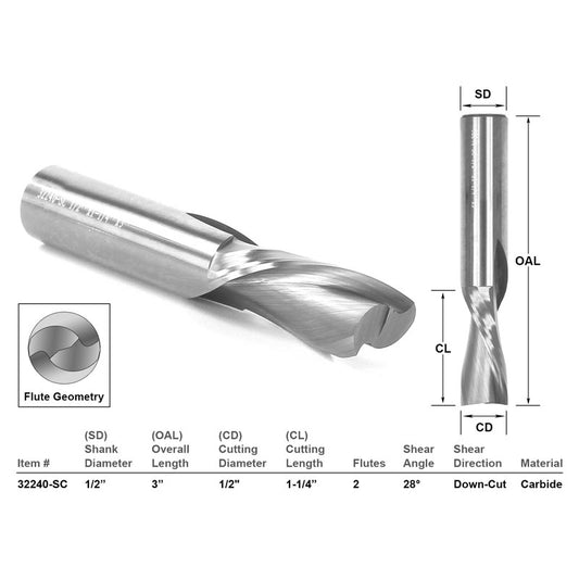 Down Cut Solid Carbide CNC Router Bit 1/2" X 1 1/4" X 1/2" X 3"