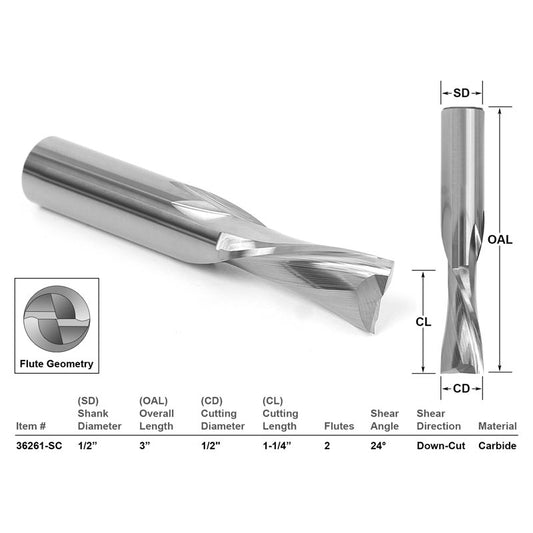 Low Helix Down Cut CNC Router Bit 1/2" X 1 1/4" X 1/2" X 3"