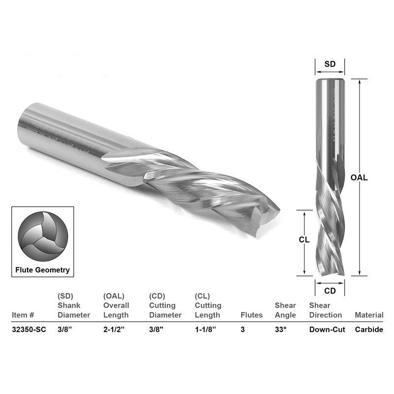 Down Cut CNC Router Bit 3 Flute 3/8" Dia. X 1 1/4"