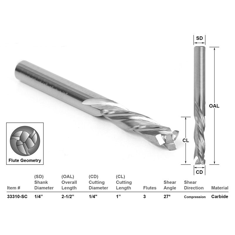 CNC Router Bit 1/4" X 1" X 1/4" X 2 1/2" 3 Flute Compression Cut