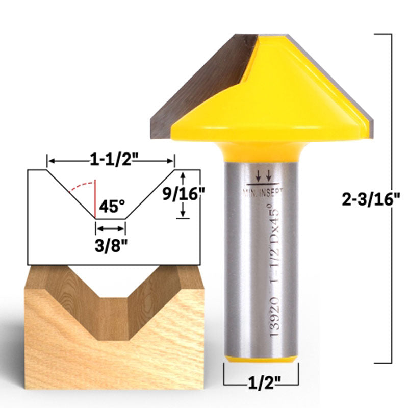 1 1/2" Diameter 45° V Groove Flat Bottom 1/2" Shank Router Bit