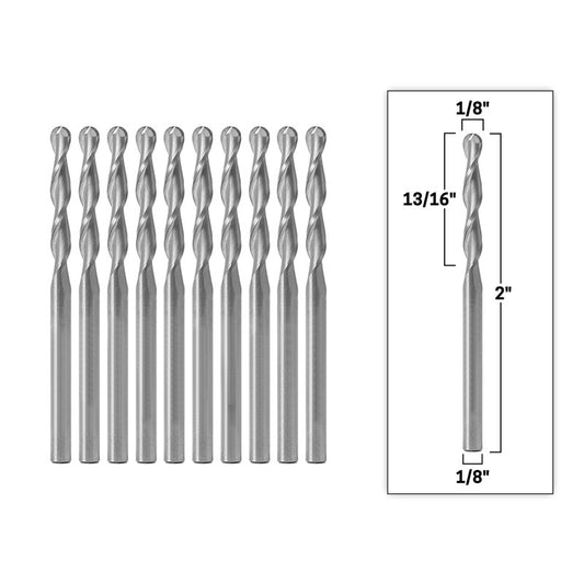 10 PSC 1/8" Dia. 2 Flute Ball Nose Spiral End Mill 1/8" Shank CNC Router Bit