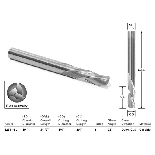 Down Cut Solid Carbide1/4" X 3/4" X 1/4" X 2 1/2" CNC Router Bit