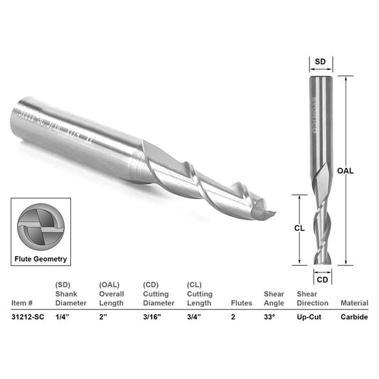 Up Cut Solid Carbide CNC Router Bit 3/16" X 3/4" X 1/4" X 2"