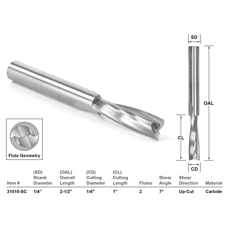 Low Helix Up Cut 1/4" X 1" X 1/4" X 2 1/2" CNC Router Bit