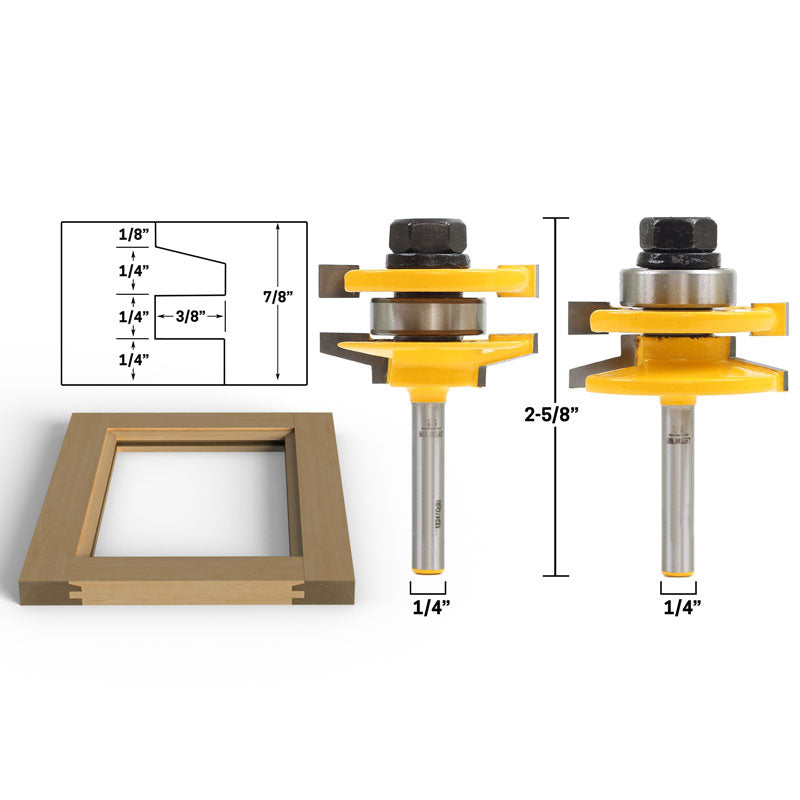 Bevel 2 Bit Rail and Stile 1/4" Shank Router Bit Set