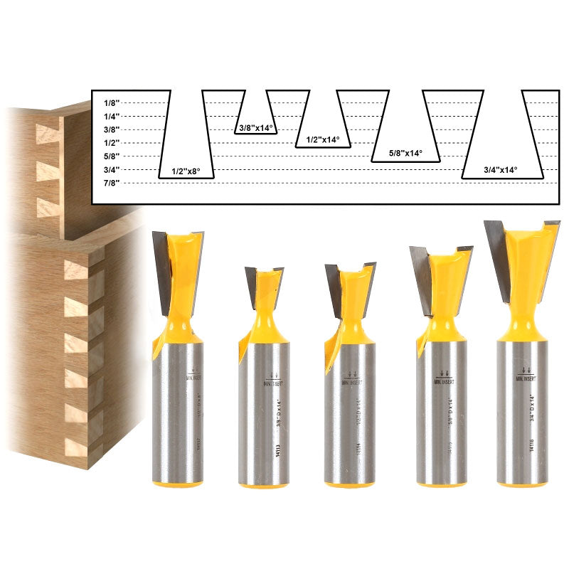 5 Bit Dovetail 1/2" Shank Router Bit Set