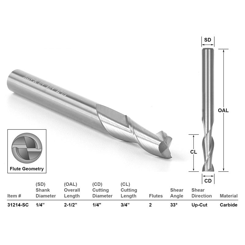 CNC Router Bit Up Cut Solid Carbide 1/4" X 3/4" X 1/4" X 2 1/2"