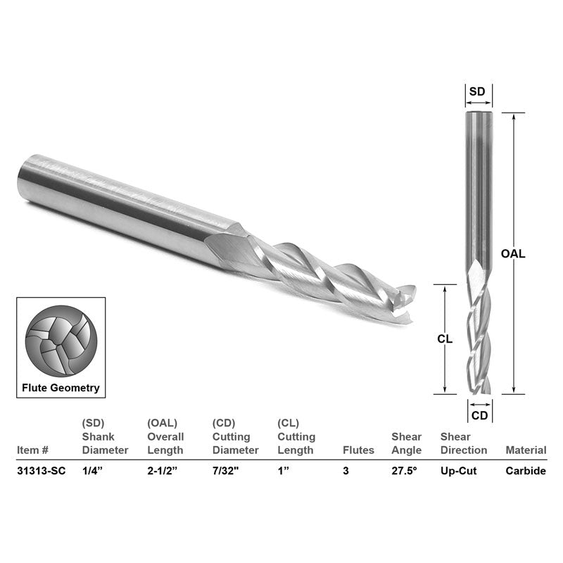 Up Cut Solid Carbide 7/32" X 1" X 1/4" X 2 1/2" CNC Router Bit