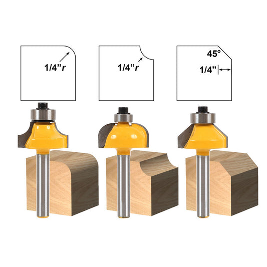 3 Bit Edging Small Round over Cove & Chamfer Router Bit Set