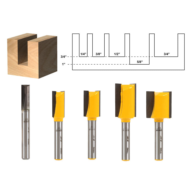 5 Bit Straight/Dado 1/4" Shank Router Bit Set