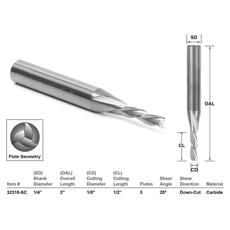 Down Cut Solid Carbide 1/8" X 1/2" X 1/4" X 2" CNC Router Bit