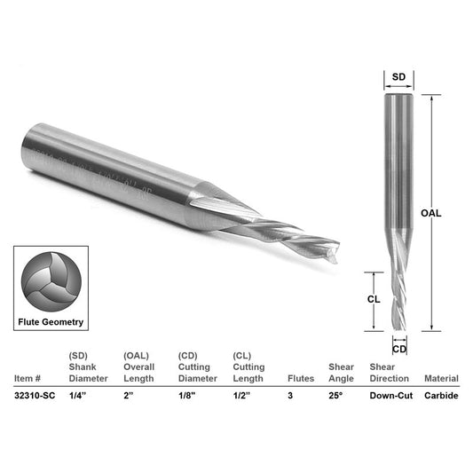 Down Cut Solid Carbide 1/8" X 1/2" X 1/4" X 2" CNC Router Bit